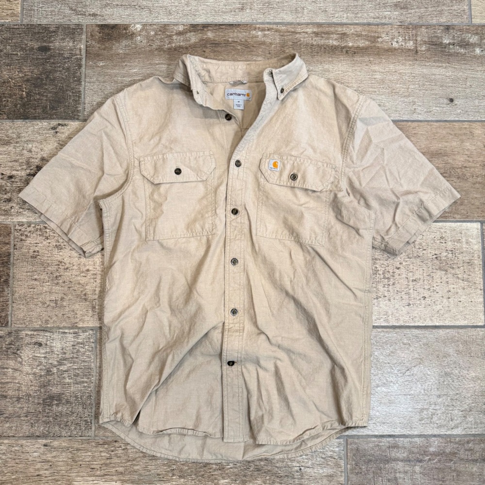 Carhartt Mens Tan Short Sleeve Button Down Work Shirt Size Medium Gorpcore Vibe - Picture 1 of 5
